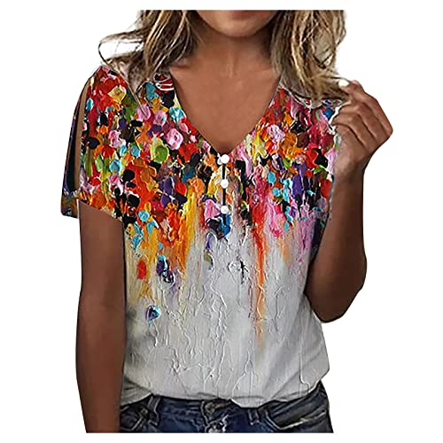 Shirt Damen Knopf V-Ausschnitt Bluse Sommer Kurzarm Tshirt Schulterfrei T-Shirt Elegant Oberteile mit Blumendruck Party Pullover Tops Blusentops Tunika Teenager Mädchen Blusenshirt Große Größen von TRIGLICOLEUM