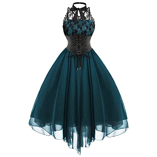 TRIGLICOLEUM Abendkleid Damen Gothic Partykleid mit Korsett Spitze Spleißen Ballkleid Elegant Einfarbig Neckholder Tunikakleid Chiffon Kleider Halloween Kostüm Vintage Steampunk Swing Cocktailkleid von TRIGLICOLEUM