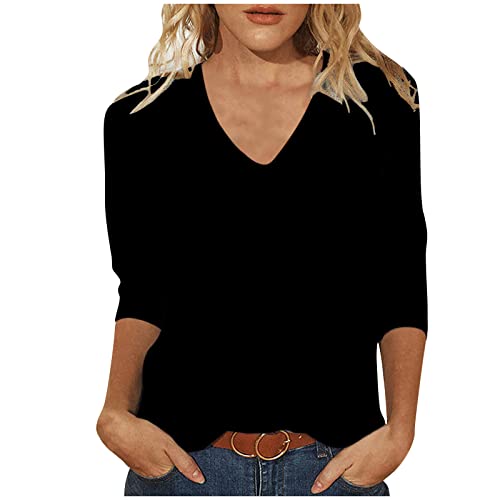 Ausgefallene Tshirts Damen Top Damen Slim Fit Einfarbig Oberteile 3/4 Arm Bluse 2024 Tshirt Sommer Tops Basic Shirt Tunika V-Ausschnitt Pullover Bequeme Longtops T-Shirt Beachwear von TRIGLICOLEUM