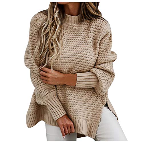 TRIGLICOLEUM Damen Rollkragenpullover Einfarbige Gestrickter Pullover Seitlicher Schlitz Strickpullover Oversize Pulli Tops Herbst Winter Warme Sweater Bequeme Weiche Strickpulli Strick Oberteile von TRIGLICOLEUM