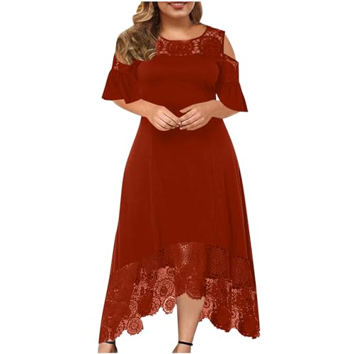 TRIGLICOLEUM Große Größen Abendkleid Damen Elegante Einfarbige Partykleid mit Spitze Nähten Rundhals Schulterfrei Cocktailkleid Rüschen Saum Ballkleid Kleid in A-Linie Maxikleid 5XL von TRIGLICOLEUM