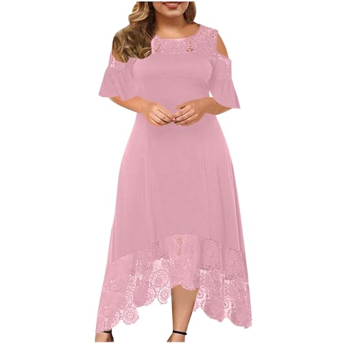 TRIGLICOLEUM Große Größen Abendkleid Damen Elegante Einfarbige Partykleid mit Spitze Nähten Rundhals Schulterfrei Cocktailkleid Rüschen Saum Ballkleid Kleid in A-Linie Maxikleid 5XL von TRIGLICOLEUM