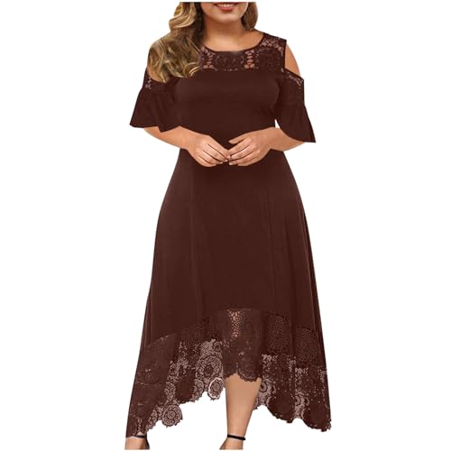 TRIGLICOLEUM Große Größen Abendkleid Damen Elegante Einfarbige Partykleid mit Spitze Nähten Rundhals Schulterfrei Cocktailkleid Rüschen Saum Ballkleid Kleid in A-Linie Maxikleid 5XL von TRIGLICOLEUM