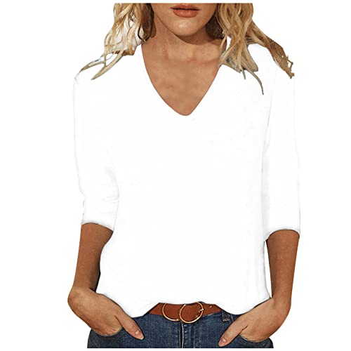 Gutschein Top Damen Slim Fit Einfarbig Oberteile 3/4 Arm Bluse 2024 Tshirt Sommer Tops Basic Shirt Tunika V-Ausschnitt Pullover Bequeme Longtops T-Shirt Beachwear Blusen Geschenk für von TRIGLICOLEUM