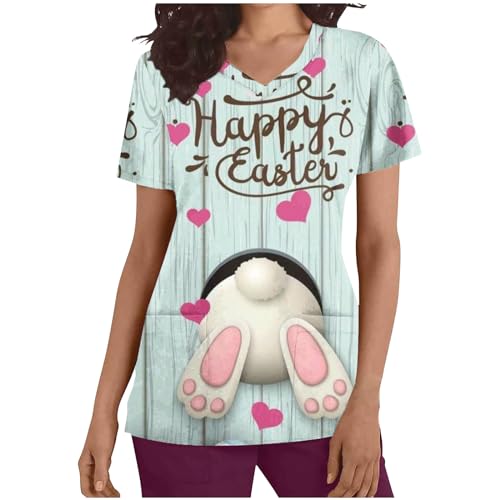 TRIGLICOLEUM Kasacks Damen Pflege Ostern Schlupfkasack Lässige Osterhase Osterei Druck Schlupfhemd Kurze Ärmel Tshirt V-Ausschnitt Bluse Pflegekleidung Bunte Eier Krankenpfleger Uniformen mit Taschen von TRIGLICOLEUM