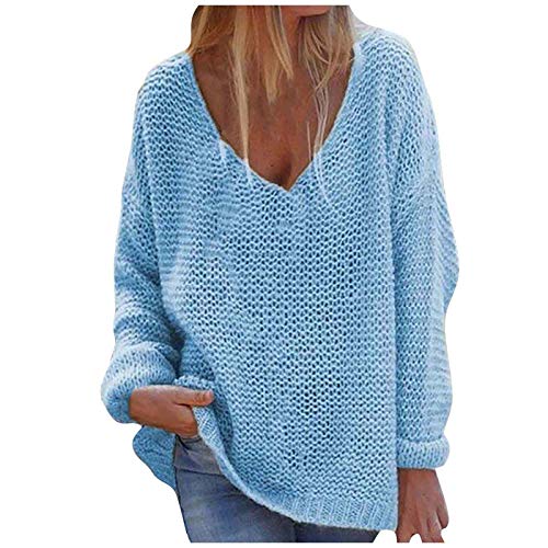 TRIGLICOLEUM Pullover Damen Einfarbig V-Ausschnitt Strickpullover Aushöhlen Langarmshirt Oversize Gestrickter Pulli Strick Oberteile Langarm Sweater Tops Herbst Winter Leichte Strickpulli Bluse von TRIGLICOLEUM