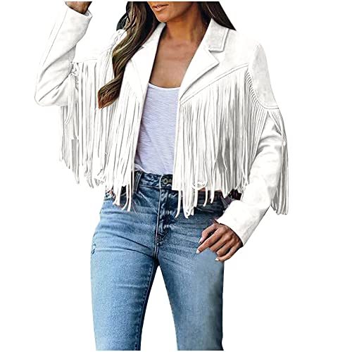 TRIGLIKOLEUM Damen Faux Wildleder Lederjacke Crop Fransenmantel im Cowboy-Stil Retro Einfarbig Herbstjacke Langarm Übergangsjacke Fransen Jacke mit Umlegekragen Kurze Strickjacke Mit Quasten von TRIGLICOLEUM