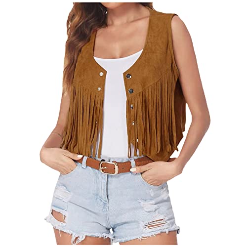 TRIGLIKOLEUM Damen Wildleder Weste Mit Fransen Ethnischen Stil Ärmellose Vest Jacke Große Größen Fransenweste Mantel mit Quasten Herbstjacke Lose Einfarbige Übergangsjacke Mittellange Strickjacke von TRIGLICOLEUM