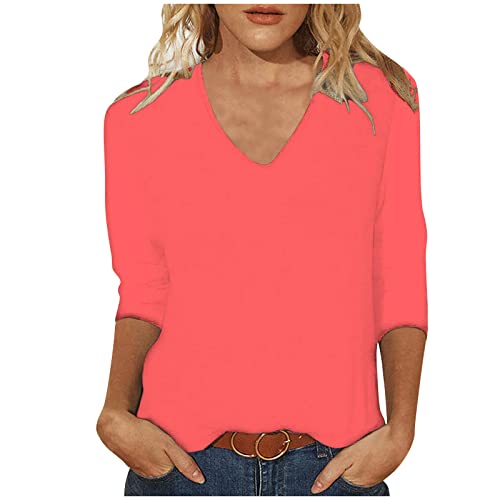 Tshirt Damen Oberteile 3/4 Arm Shirt Slim Fit Einfarbig Bluse V-Ausschnitt Pullover Sommer Tops Tunika T-Shirt Bequeme Casual Longtops Blusen T Shirts Longbluse Damenblusen Blusenshirt Langarmshirt von TRIGLICOLEUM