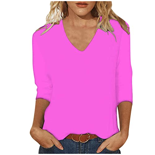 Tshirt Damen Oberteile 3/4 Arm Shirt Slim Fit Einfarbig Bluse V-Ausschnitt Pullover Sommer Tops Tunika T-Shirt Bequeme Casual Longtops Blusen T Shirts Longbluse Damenblusen Blusenshirt Langarmshirt von TRIGLICOLEUM