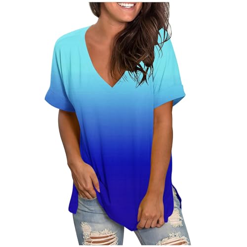 Tshirt Damen Oberteile Farbverlauf Bluse V-Ausschnitt Kurzarm T-Shirt Locker Longbluse Sommer Tunika Tops Pullover Mode Shirts Große Größen Blusen & Tuniken für Damen Mädchen Longtops Longbluse von TRIGLICOLEUM