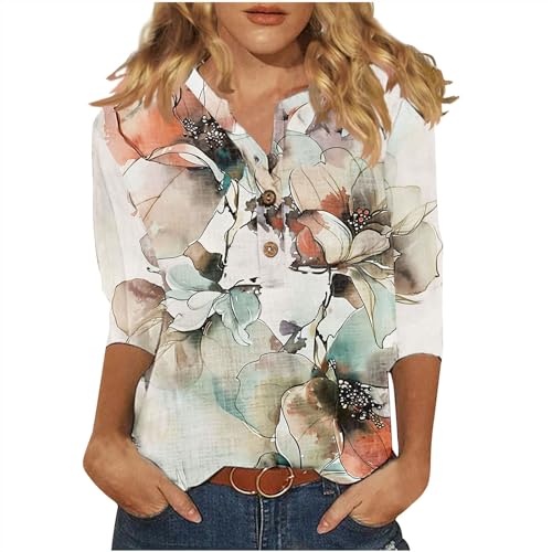 Angebote des Tages Heute Bluse Damen Tshirt Blusen & Tuniken für Damen V-Ausschnitt Knopfleiste Leinenbluse 3/4 Arm Shirt Casual Sommer Tops Leinenhemd Baumwolle Leinen Oberteile Locker Damenblusen von TRIGLICOLEUM