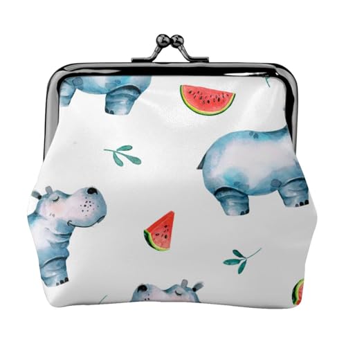 Aquarell niedliche Nilpferd-Wassermelone, Leder-Geldbörsen, Geldbörsen, Leder-Wechseltasche mit Kussverschluss-Schnalle von TRUIGYN