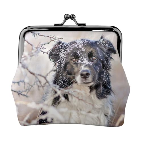 Border Collie Winter Schnee weiß schwarz Hunde, Leder-Geldbörsen, Geldbörsen, Leder-Wechseltasche mit Kussverschluss-Schnalle von TRUIGYN