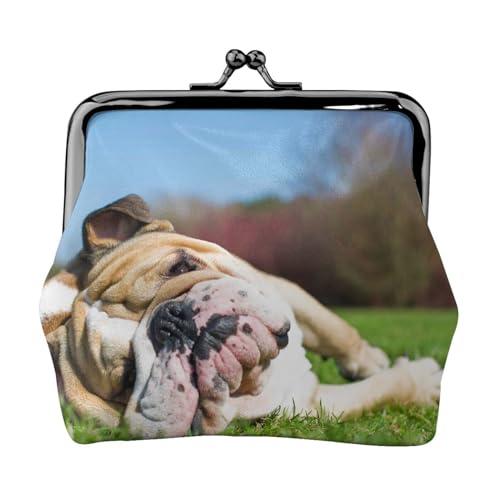 Englische Bulldoggen Müde Hunde Rasen Haustiere Englisch, Leder-Geldbörsen, Geldbörsen, Leder-Wechseltasche mit Kussverschluss-Schnalle von TRUIGYN