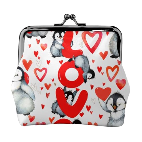 Niedlicher Pinguin-Valentinstag, Leder-Geldbörsen, Geldbörsen, Leder-Wechseltasche mit Kussverschluss-Schnalle von TRUIGYN