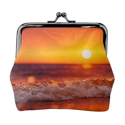 Sonnenuntergang mit Meereswellen Bedruckt, Leder-Geldbörsen, Geldbörsen, Leder-Wechseltasche mit Kussverschluss-Schnalle von TRUIGYN