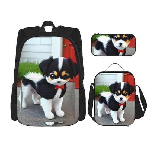 Rucksack für Studenten, kleiner dicker Tigerkopf, Tasche für Schule, Jungen, Mädchen, Tagesrucksack, Federmäppchen, Lunch-Tasche, Kombination, Schwarz-Weißer Welpe, Einheitsgröße, Tagesrucksack von TRUKD