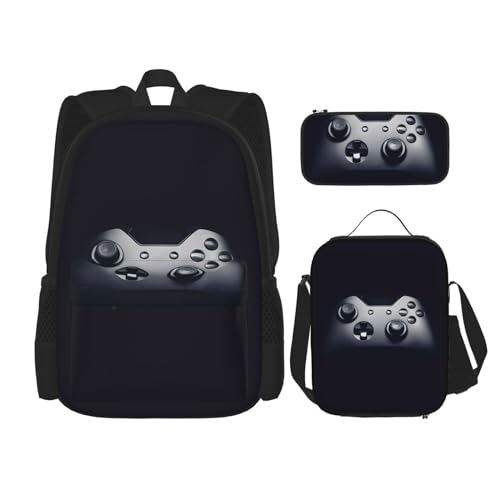 TRUKD Rucksack für Schüler, Glitzer-Tasche für Schule, Jungen, Mädchen, Tagesrucksack, Federmäppchen, Lunch-Tasche, Kombination, Gaming-Controller-Muster, Einheitsgröße, Tagesrucksäcke von TRUKD