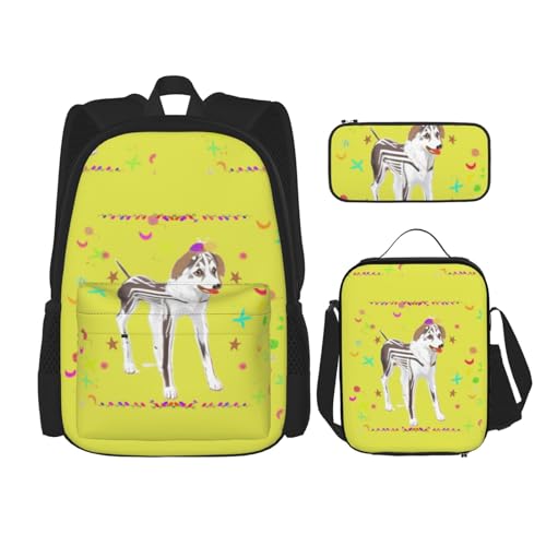 TRUKD Rucksack für Studenten, Fantasy-Cartoon-Hundetasche für Schule, Jungen, Mädchen, Tagesrucksack, Federmäppchen, Lunch-Tasche, Kombination, Cartoon-Hund in Grau und Weiß, Einheitsgröße, von TRUKD