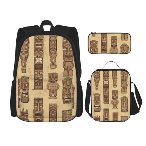 TRUKD Rucksack für Studenten, Vintage-Design mit Aloha-Tiki-Muster, Tasche für Schule, Jungen, Mädchen, Tagesrucksack, Federmäppchen, Lunch-Tasche, Kombination, Vintage Aloha Tiki Muster, von TRUKD