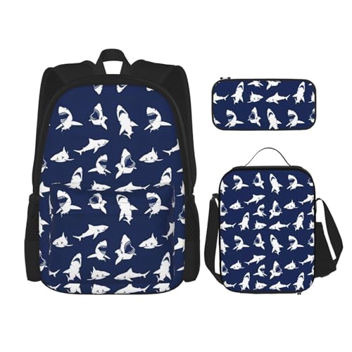TRUKD Rucksack für Studenten, blaue Galaxie-Tasche für Schule, Jungen, Mädchen, Tagesrucksack, Federmäppchen, Lunch-Tasche, Kombination, Verschiedene Seefisch-Muster, Einheitsgröße, Tagesrucksack von TRUKD