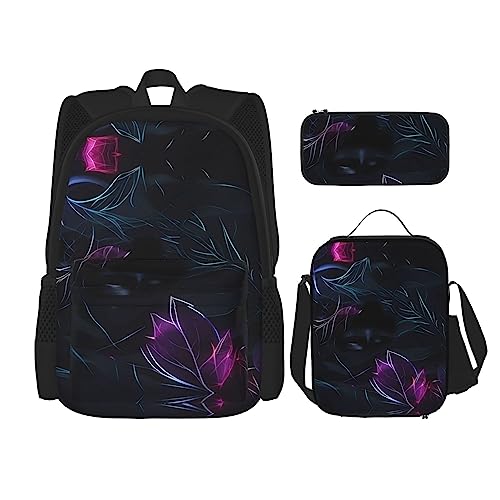 TRUKD Rucksack für Studenten, farbige Laublinien, Tasche für Schule, Jungen, Mädchen, Tagesrucksack, Federmäppchen, Lunch-Tasche, Kombination, Black Mystery, Einheitsgröße, Tagesrucksack von TRUKD