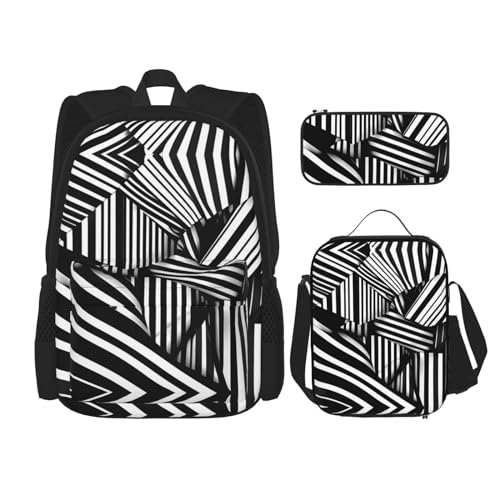 TRUKD Rucksack für Studenten, schwarz und weiß, geometrische Linien, Tasche für Schule, Jungen, Mädchen, Tagesrucksack, Federmäppchen, Lunchtasche, karierte Streifen, Schwarze und weiße geometrische von TRUKD