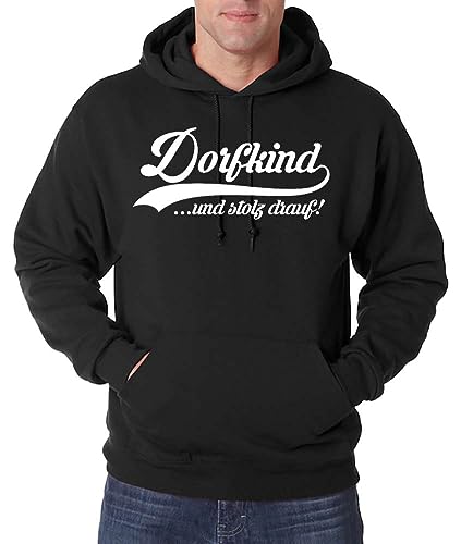 TRVPPY Herren Pullover Hoodie Dorfkind Spruch Logo Print - Schwarz 5XL von TRVPPY