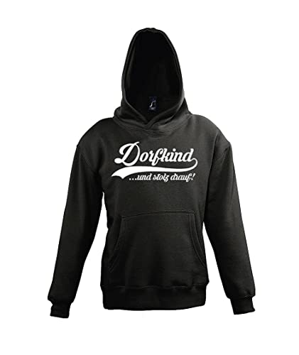 TRVPPY Kinder Pullover Hoodie Dorfkind Spruch Logo Print - Schwarz 142/152 (12 Jahre) von TRVPPY