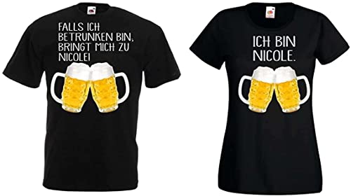 TRVPPY Partner Herren + Damen T-Shirt Set Falls ich betrunken Bin, bringt Mich zu.. mit Wunschname - Schwarz von TRVPPY