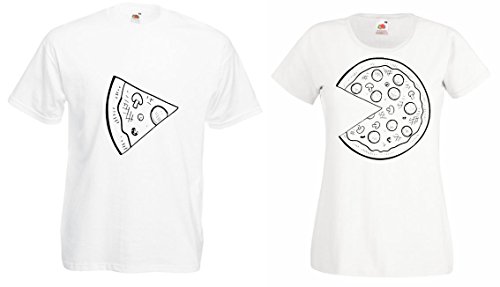 TRVPPY Partner Herren + Damen T-Shirts Pizza Kleines Stück & Pizza Großes Stück, Herren L, Damen XL, Weiß von TRVPPY