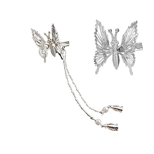 TSLRSA 2 Pcs Schmetterling Quaste Haarspange abnehmbar Flash 3D Snap Haarspange Metall Krokodil Clip Snap Haarspange Mädchen Haarschmuck (Silber) von TSLRSA