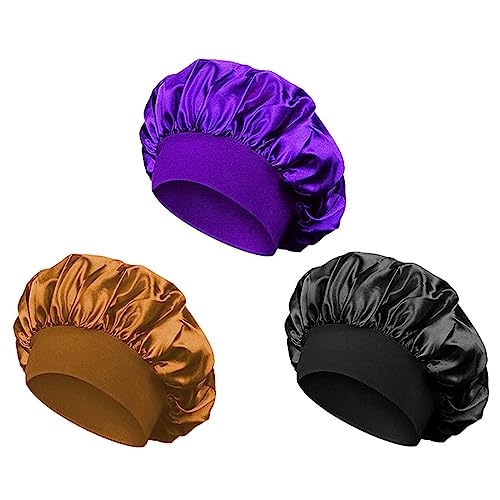 TSLRSA 3 Stücke Silk Bonnet - Satin Bonnet Schlafmütze Seidenhaube Zum Schlafen Bonnet Sleep Cap Schlafhaube Seide Satin Haarhaube für Mädchen Dame, Schütze Die Haare(Gold+Schwarz+Lila) von TSLRSA