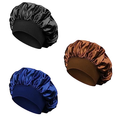 TSLRSA 3 Stücke Silk Bonnet - Satin Bonnet Schlafmütze Seidenhaube Zum Schlafen Bonnet Sleep Cap Schlafhaube Seide Satin Haarhaube für Mädchen Dame, Schütze Die Haare(Kaffee + Schwarz + Cyan) von TSLRSA