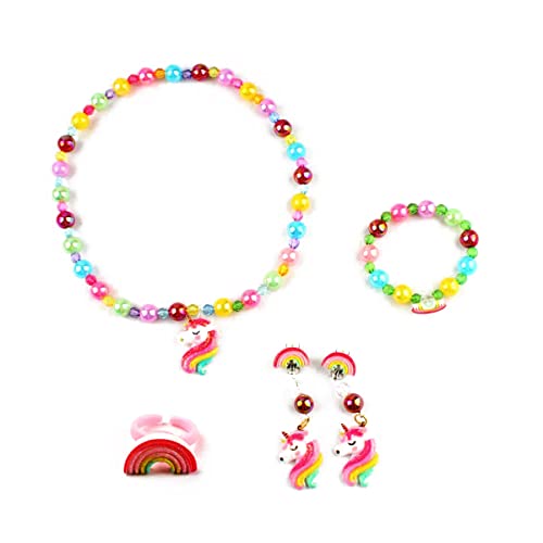 TSLRSA- 5 Stück Kinder Schmuck Set,Mädchen Perlenkette Set Einhorn Halskette Kinder Perlenarmband Regenbogen Ohrringe Ring, Prinzessin Schmuck Set Geschenk Für Kinder Mädchen Party Mitgebsel von TSLRSA