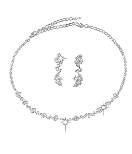 TSLRSA Braut Hochzeit Halskette,brautschmuck,schmuckset,Ohrringe Set Strass Silber Schmuck Set Silber Braut Choker für Frauen und Mädchen von TSLRSA