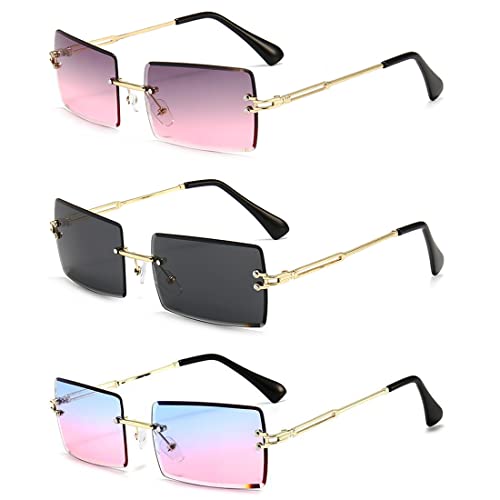 TSLRSA sonnenbrille damen - 3 Stücke Rechteck Randlose Sonnenbrille, Retro Durchsichtige Linse Rahmenlose für Frauen Männer,Square Rimless Sunglasses(3 Farben) von TSLRSA