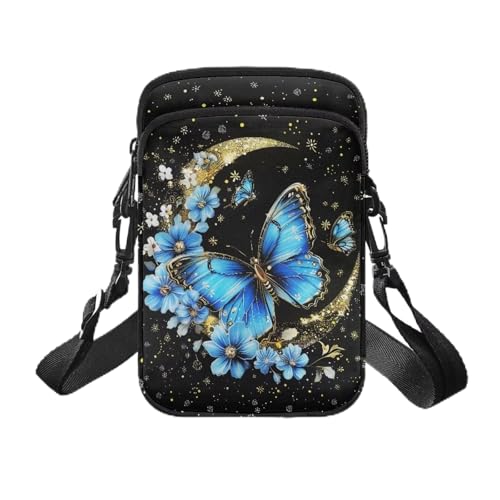TSOVTHRID Damen Crossbody Bag Messenger Shoulder Storage Bag Handtaschen mit Fronttasche, Blauer Schmetterling, Blume, Gold, Mond TSOVTHRID Damen Crossbody Bag Messenger Shoulder Storage Bag Handtaschen mit Fronttasche, Blauer Schmetterling, Blume, Gold, Mond von TSOVTHRID