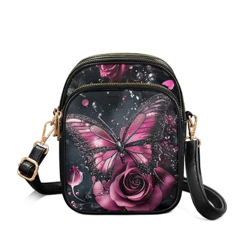 TSOVTHRID Leder-Umhängetasche für Damen, Umhängetasche, Handy, Geldbörse, Schulterriemen, leichte Umhängetasche, Rose Pink Butterfly TSOVTHRID Leder-Umhängetasche für Damen, Umhängetasche, Handy, Geldbörse, Schulterriemen, leichte Umhängetasche, Rose Pink Butterfly von TSOVTHRID