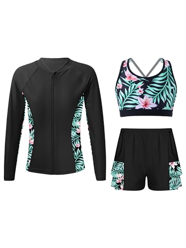 TSSOE Mädchen 3-Teiliges Badeanzug Set UV Schutz Schwimmanzug Badebekleidung Langarmtop Tankini und Bikini Höschen Schwimmanzüge für 5-16 Jahre Grün 170 von TSSOE