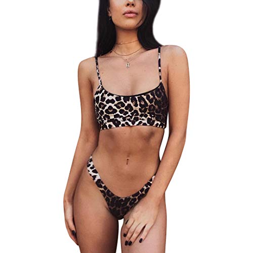 TSWRK Damen Bikini Set Sexy: Leopard Druck Push up Gepolstert Zweiteiliger Bandeau Badeanzug Bademode Größe S von TSWRK