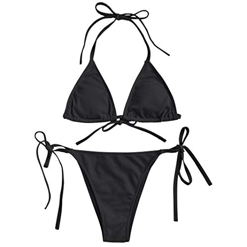 TSWRK Damen Triangel Bikini Set, Neckholder, Seitlich Gebunden, Push up Gepolstert, Einfarbig, Zweiteiliger Badeanzug Bademode, Schwarz, Größe L von TSWRK