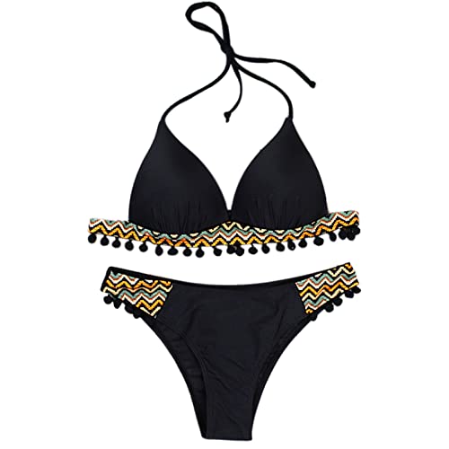 TSWRK Damen Bikini Set, Triangel Bikini Damen Push Up sexy Welle Print, gestreift Bikini Bandeau mit Nackenträger für Sandbank Schwimmhallen Meer, Schwarz von TSWRK