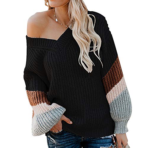 TSWRK Strickpullover Damen Loser Pullover V Ausschnitt Sweater Elegante Streifen Pulli Lang Ärmel von TSWRK