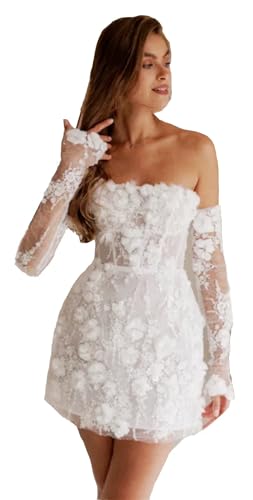TSxuelian Damen Kurz Brautkleider Blumen Spitze Stickerei Weiß Mini Ballkleid Trägerloses Minikleid, A-Elfenbein, 38 TSxuelian Damen Kurz Brautkleider Blumen Spitze Stickerei Weiß Mini Ballkleid Trägerloses Minikleid, A-Elfenbein, 38 von TSxuelian