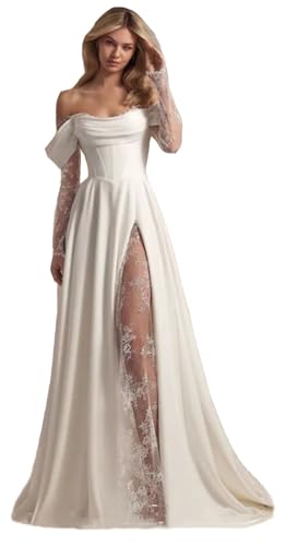 TSxuelian Damen Schulterfreies Brautkleid für Braut Satin A-Linie Bohe Brautkleider, A-Elfenbein, 42 TSxuelian Damen Schulterfreies Brautkleid für Braut Satin A-Linie Bohe Brautkleider, A-Elfenbein, 42 von TSxuelian