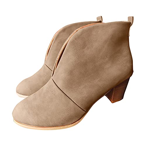 Damen Stiefel High Heels Blockabsatz Stiefeletten Plateaustiefel PU-Leder Kurzer Stiefel Mid-Heel Stiefeletten Blockabsatz Women Biker Boots Kurzschaft-Stiefel Freizeitschuhe Hausschuhe (Khaki, 37) von TT-