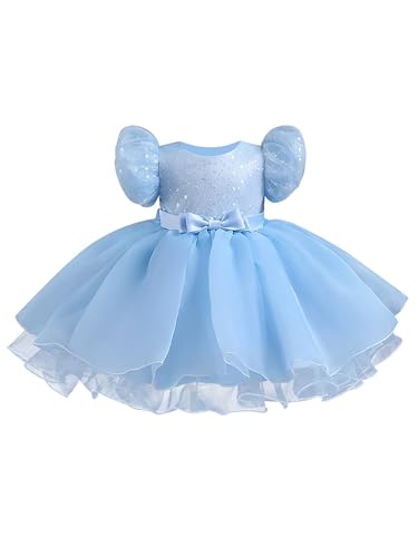 TTAO Baby Mädchen Pailletten Kleid Festlich glänzend Partykleid mit Rüschen Spaghettiträger Tutu Röckchen Prinzessin Geburtstag Outfits für Taufe Geburtstag Blau 104-110 von TTAO