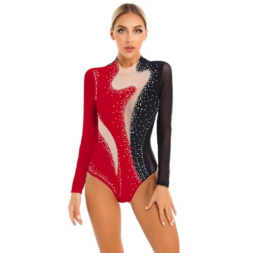 TTAO Damen Turnanzug Ballett Tanz-Body Langarm Bodysuit Gymnastikbody Trikot Gymnastik Leotard Top Latein Overalls Wettkampf Turnanzug Schwarz Rot L von TTAO